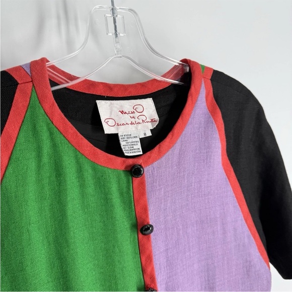 Vintage Oscar de la Renta Dress Womens Size 8 Linen Colorblock Drop Waist 80s - Picture 3 of 9